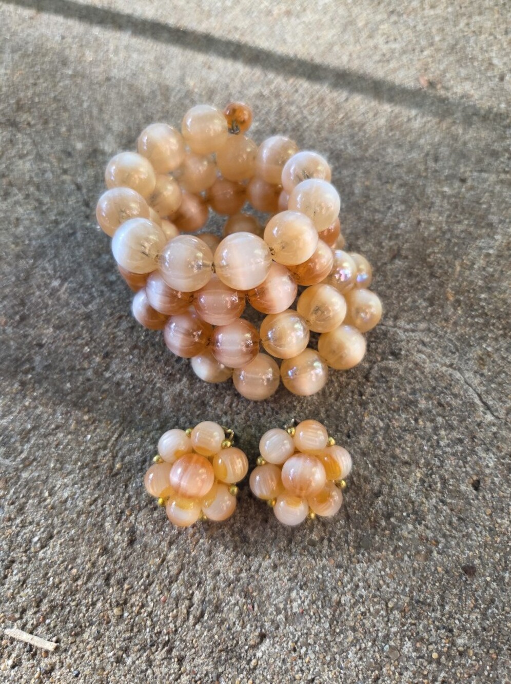 Peach Beaded Stretch Bracelet with Matching Clip-On Earrings